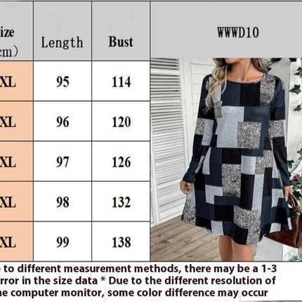 Womens Casual Print Dress Crewneck Long Sleeve A-Line Swing Mini Dress