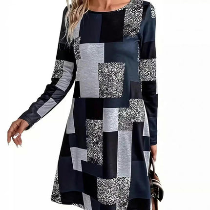 Womens Casual Print Dress Crewneck Long Sleeve A-Line Swing Mini Dress