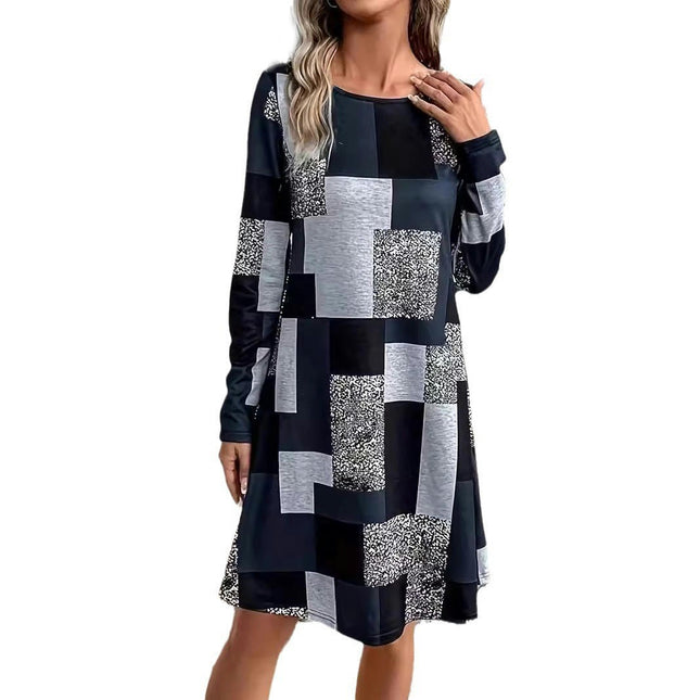 Womens Casual Print Dress Crewneck Long Sleeve A-Line Swing Mini Dress