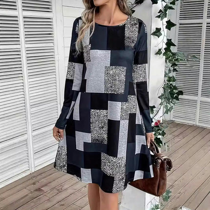 Womens Casual Print Dress Crewneck Long Sleeve A-Line Swing Mini Dress