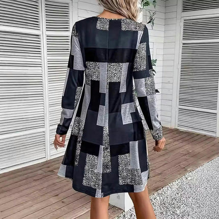 Womens Casual Print Dress Crewneck Long Sleeve A-Line Swing Mini Dress