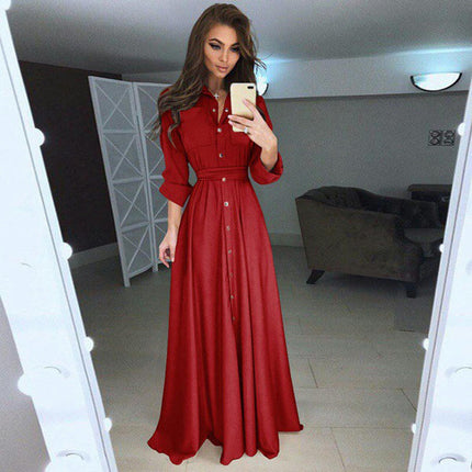 Womens Button Down Shirt Dress Casual Lapel Long Sleeve Tie Waist A Line Flowy Maxi Dresses