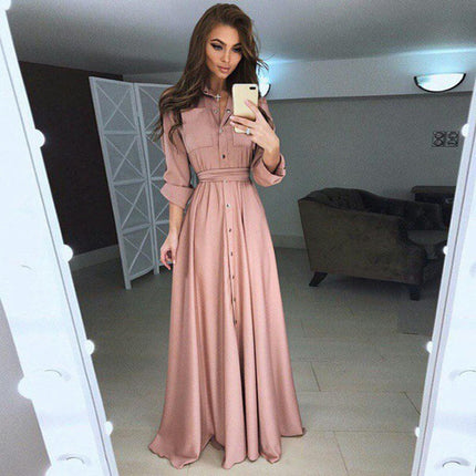 Womens Button Down Shirt Dress Casual Lapel Long Sleeve Tie Waist A Line Flowy Maxi Dresses