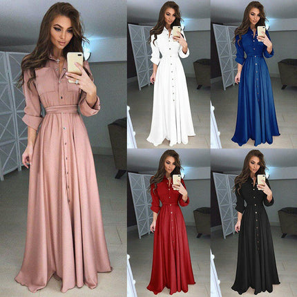 Womens Button Down Shirt Dress Casual Lapel Long Sleeve Tie Waist A Line Flowy Maxi Dresses