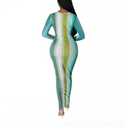 Women's Sexy V-Neck Bodycon Dress Long Sleeve Color Party Maxi Long Dress