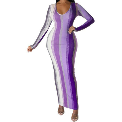 Women's Sexy V-Neck Bodycon Dress Long Sleeve Color Party Maxi Long Dress