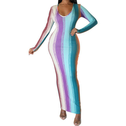 Women's Sexy V-Neck Bodycon Dress Long Sleeve Color Party Maxi Long Dress