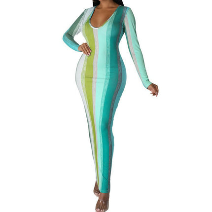 Women's Sexy V-Neck Bodycon Dress Long Sleeve Color Party Maxi Long Dress