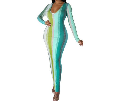 Women's Sexy V-Neck Bodycon Dress Long Sleeve Color Party Maxi Long Dress