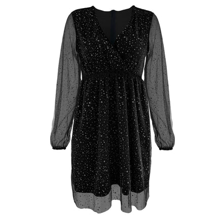 Women's Lantern Long Sleeve V Neck Sequin Mesh Cocktail Party Short Dress