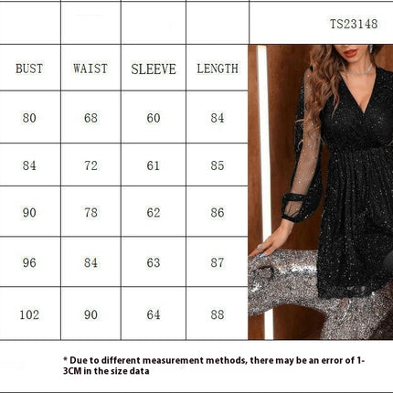 Women's Lantern Long Sleeve V Neck Sequin Mesh Cocktail Party Short Dress