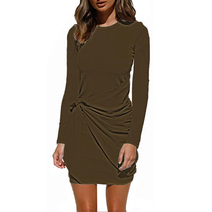 Women's Long Sleeve Crew Neck T Shirt Dress Casual Wrap Tie Waist Ruched Bodycon Mini Dresses