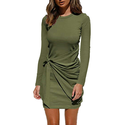 Women's Long Sleeve Crew Neck T Shirt Dress Casual Wrap Tie Waist Ruched Bodycon Mini Dresses