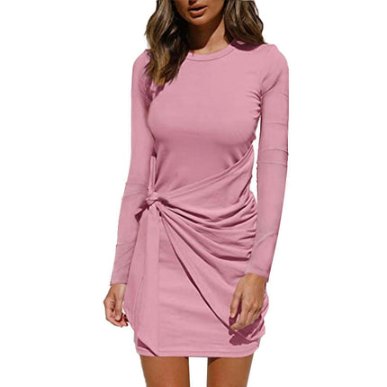 Women's Long Sleeve Crew Neck T Shirt Dress Casual Wrap Tie Waist Ruched Bodycon Mini Dresses