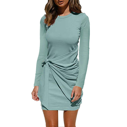 Women's Long Sleeve Crew Neck T Shirt Dress Casual Wrap Tie Waist Ruched Bodycon Mini Dresses