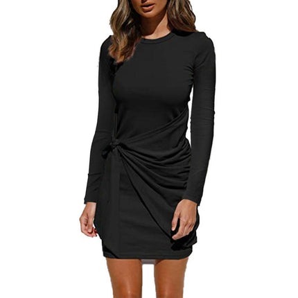 Women's Long Sleeve Crew Neck T Shirt Dress Casual Wrap Tie Waist Ruched Bodycon Mini Dresses