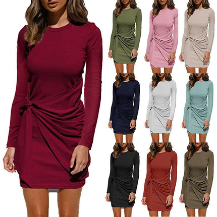 Women's Long Sleeve Crew Neck T Shirt Dress Casual Wrap Tie Waist Ruched Bodycon Mini Dresses