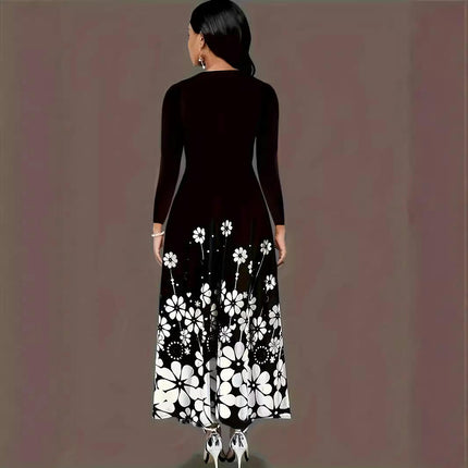 Casual Dresses for Women Floral Printed Long Sleeve Crewneck Maxi Dress with Pocket