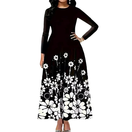 Casual Dresses for Women Floral Printed Long Sleeve Crewneck Maxi Dress with Pocket