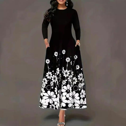 Casual Dresses for Women Floral Printed Long Sleeve Crewneck Maxi Dress with Pocket