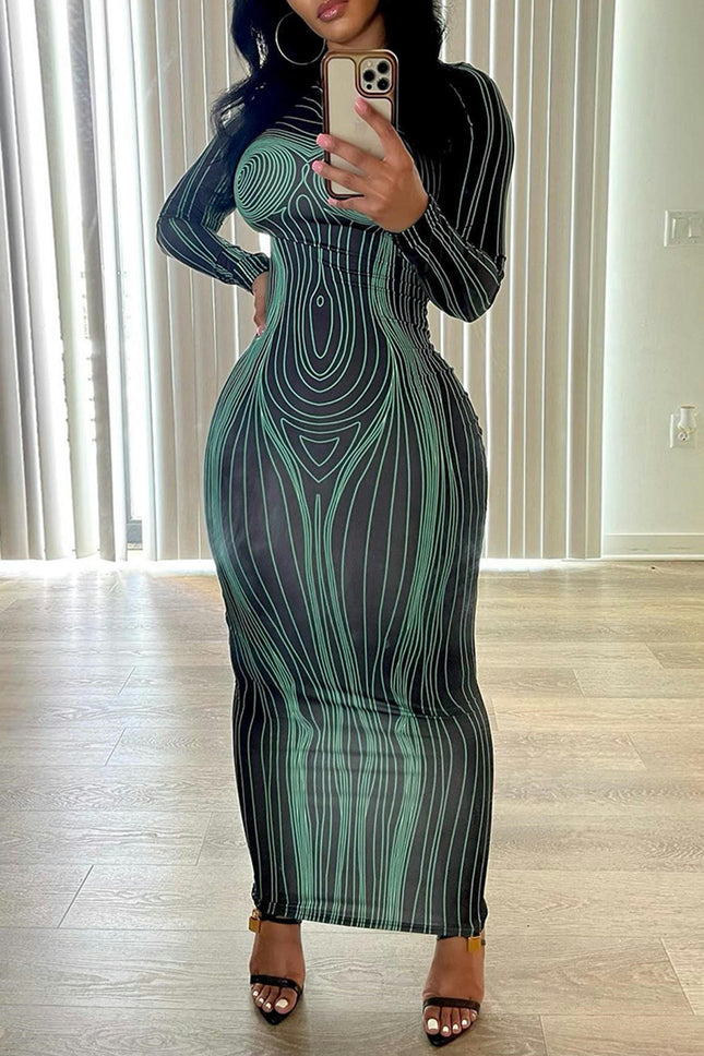 3D Body Print Maxi Dress Women Long Sleeve Sexy Body-Shaping Party Clubwear Clothing