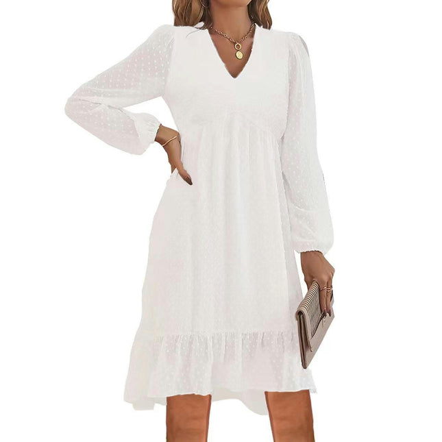 Womens Casual V Neck Long Sleeve Smocked Elegant Short Swing Ruffle Mini Dresses