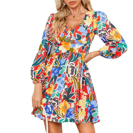 Womens Boho Floral Dresses V Neck Long Sleeve High Waist Casual A-Line Swing Mini Dress