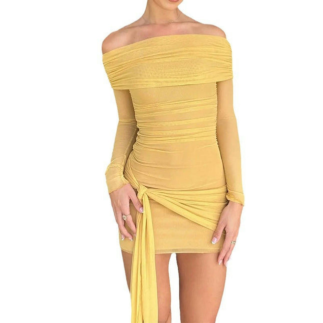 Women Sexy Off Shoulder Long Sleeve Mini Dress Bodycon Tie Party Ruched Dress