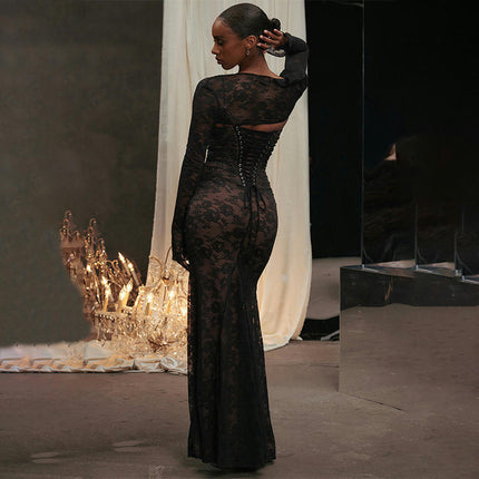 Women Sexy Elegant Long Sleeve Floral Lace Bodycon Long Evening Maxi Dress