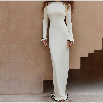 Women's Long Flare Sleeve Bodycon Maxi Dress Elegant Fitted Boat Neck Backless Dresses