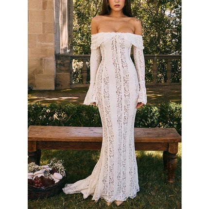 Women's Floral Lace Long Sleeve Off Shoulder Wedding Mermaid Dress