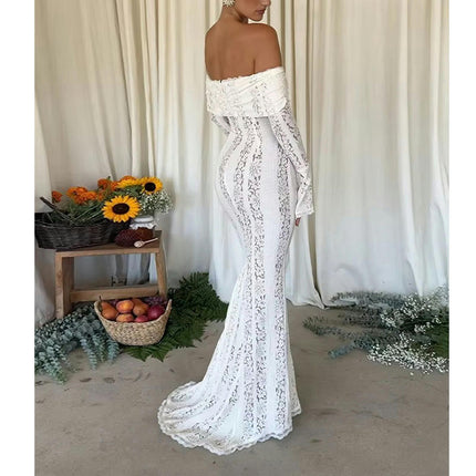 Women's Floral Lace Long Sleeve Off Shoulder Wedding Mermaid Dress