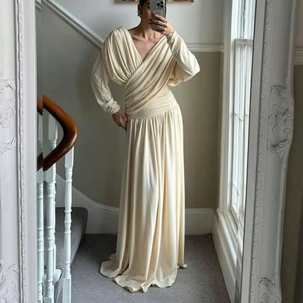 Women's Ruched Cross V Neck Long Formal Party Maxi Dress Long Sleeve A Line Flowy Dress