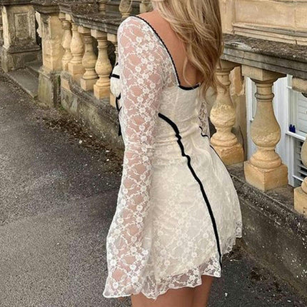 Women's Sexy Floral Lace Sweetheart Neck Long Sleeve Bodycon Mini Club Dress