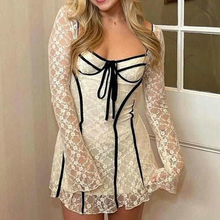 Women's Sexy Floral Lace Sweetheart Neck Long Sleeve Bodycon Mini Club Dress