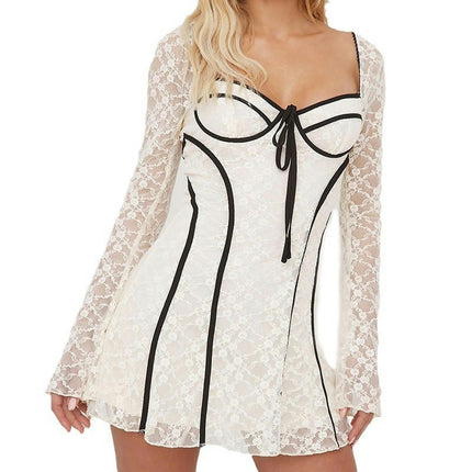 Women's Sexy Floral Lace Sweetheart Neck Long Sleeve Bodycon Mini Club Dress