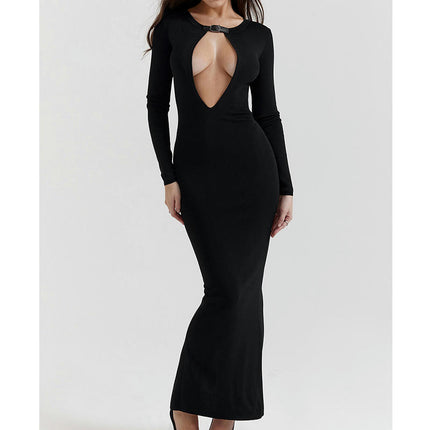 Women's Sexy Deep V Neck Long Sleeve Split Bodycon Maxi Party Dress