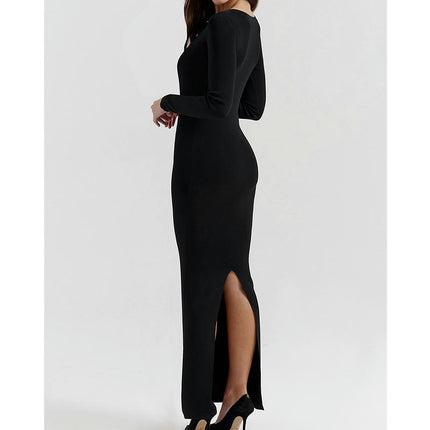 Women's Sexy Deep V Neck Long Sleeve Split Bodycon Maxi Party Dress