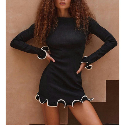 Women's Sexy Bodycon Ruffle Hem Knit Dress Boat Neck Long Sleeve Slim Club Party Mini Dress