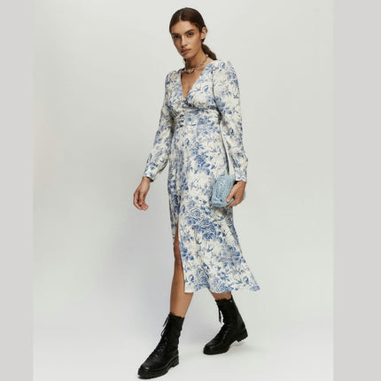 Women's Long Sleeve Boho Midi Dress V Neck Floral Print Casual Split Beach Long Dress