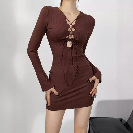 Women's Long Sleeve Dress Sexy Crewneck Bodycon Slim Fit Casual Mini Dresses