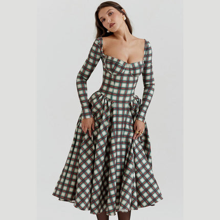 Women's Plaid Print Dress Sexy Square Neck Long Sleeve A Line Flowy Midi Dress