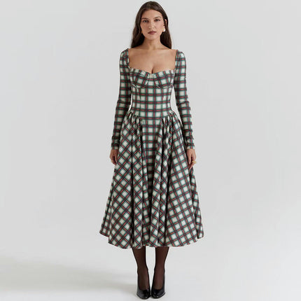 Women's Plaid Print Dress Sexy Square Neck Long Sleeve A Line Flowy Midi Dress