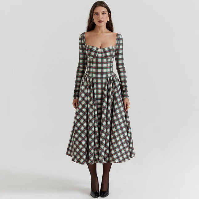 Women's Plaid Print Dress Sexy Square Neck Long Sleeve A Line Flowy Midi Dress