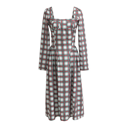 Women's Plaid Print Dress Sexy Square Neck Long Sleeve A Line Flowy Midi Dress