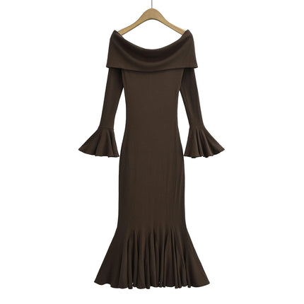 Women's Sexy Elegant Long Sleeve Off Shoulder Ruffle Bodycon Party Maxi Dress