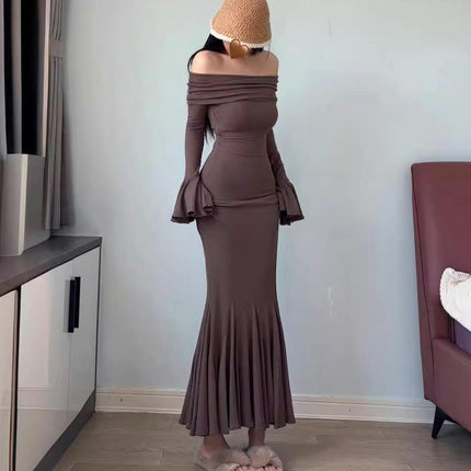 Women's Sexy Elegant Long Sleeve Off Shoulder Ruffle Bodycon Party Maxi Dress