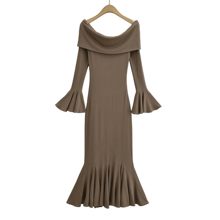 Women's Sexy Elegant Long Sleeve Off Shoulder Ruffle Bodycon Party Maxi Dress