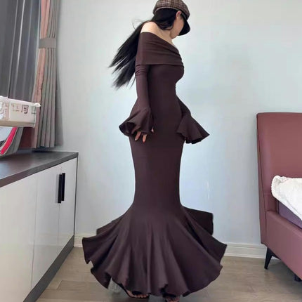 Women's Sexy Elegant Long Sleeve Off Shoulder Ruffle Bodycon Party Maxi Dress