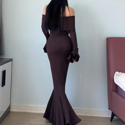 Women's Sexy Elegant Long Sleeve Off Shoulder Ruffle Bodycon Party Maxi Dress